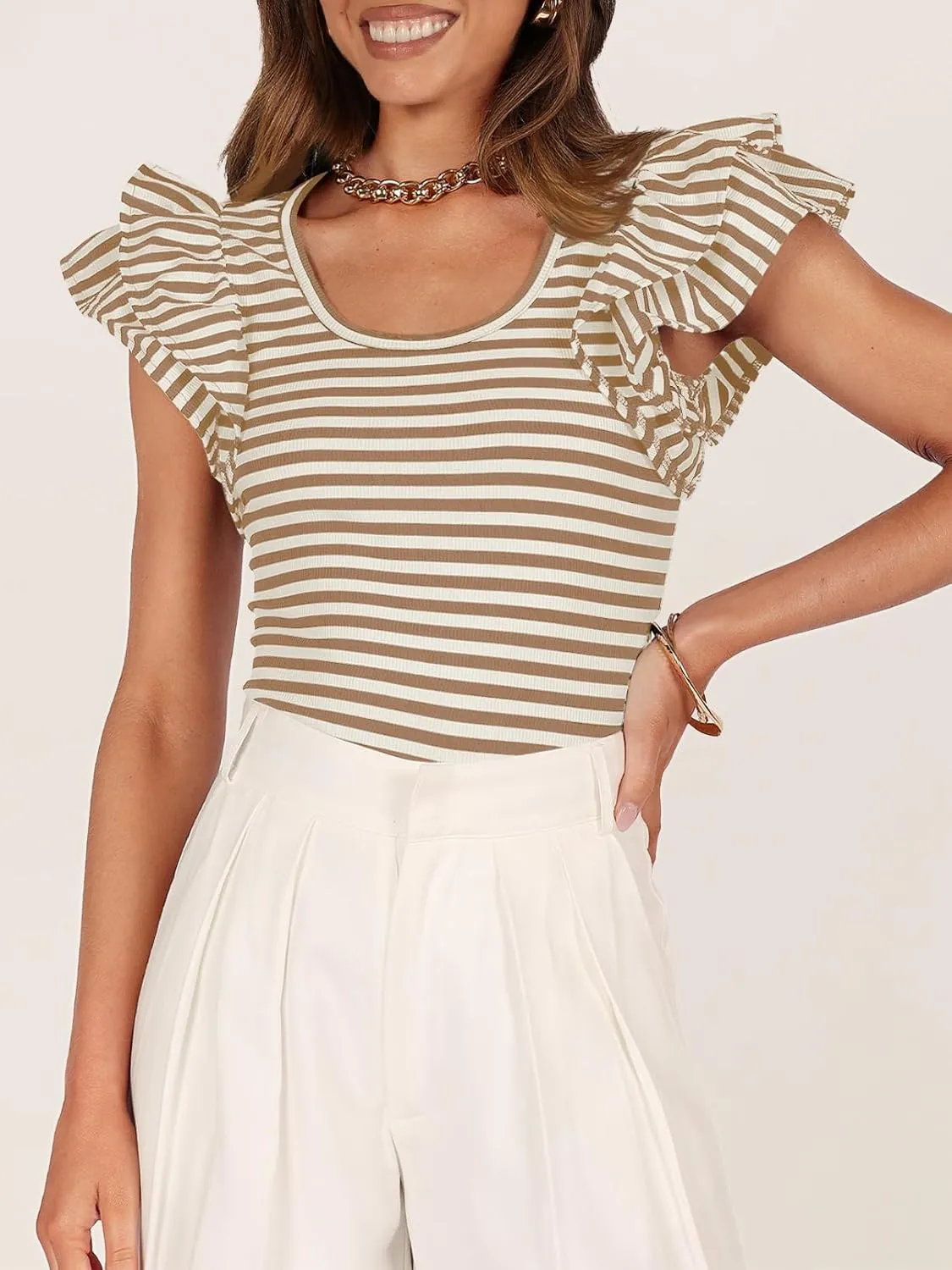 ZESICA Women's Ruffle Short Sleeve Striped T Shirts Summer Scoop Neck Slim Fitted Causal Basic Tee Tops