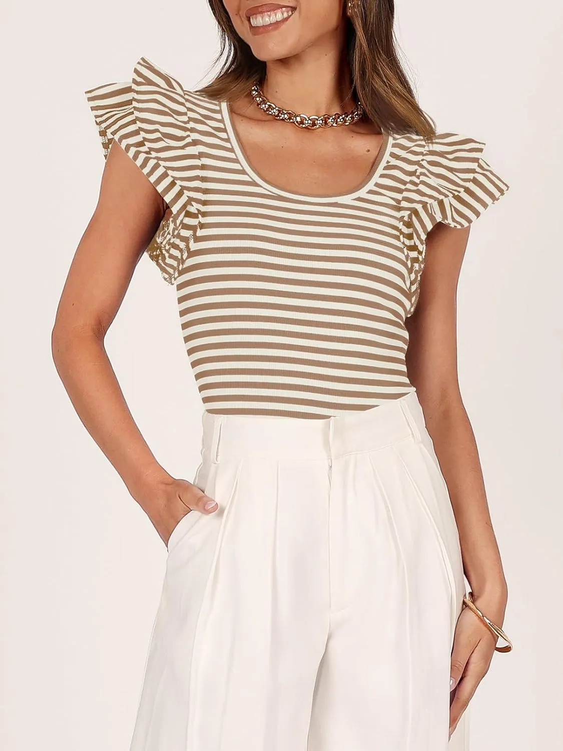 ZESICA Women's Ruffle Short Sleeve Striped T Shirts Summer Scoop Neck Slim Fitted Causal Basic Tee Tops