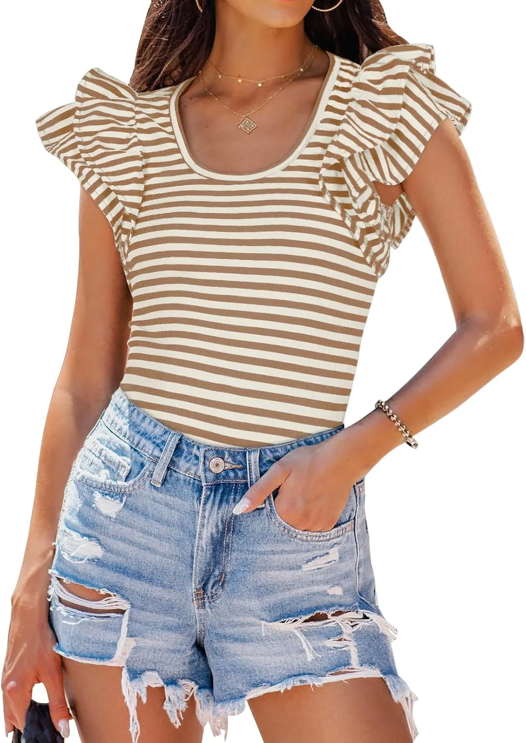 ZESICA Women's Ruffle Short Sleeve Striped T Shirts Summer Scoop Neck Slim Fitted Causal Basic Tee Tops