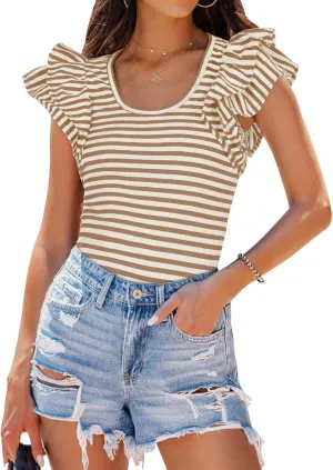 ZESICA Women's Ruffle Short Sleeve Striped T Shirts Summer Scoop Neck Slim Fitted Causal Basic Tee Tops