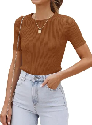 ZESICA Women's Short Sleeve Sweater Tops 2025 Summer Crewneck T Shirt Ribbed Knit Slim Fit Basic Solid Color Tee