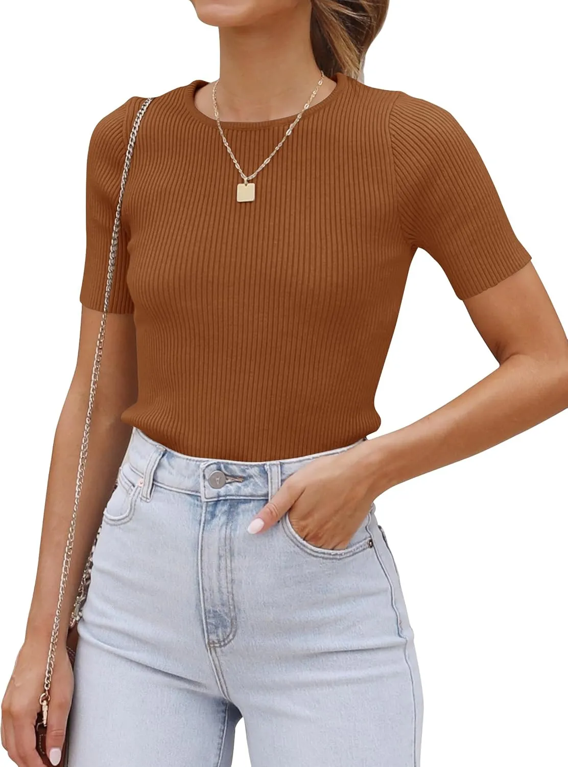 ZESICA Women's Short Sleeve Sweater Tops 2025 Summer Crewneck T Shirt Ribbed Knit Slim Fit Basic Solid Color Tee