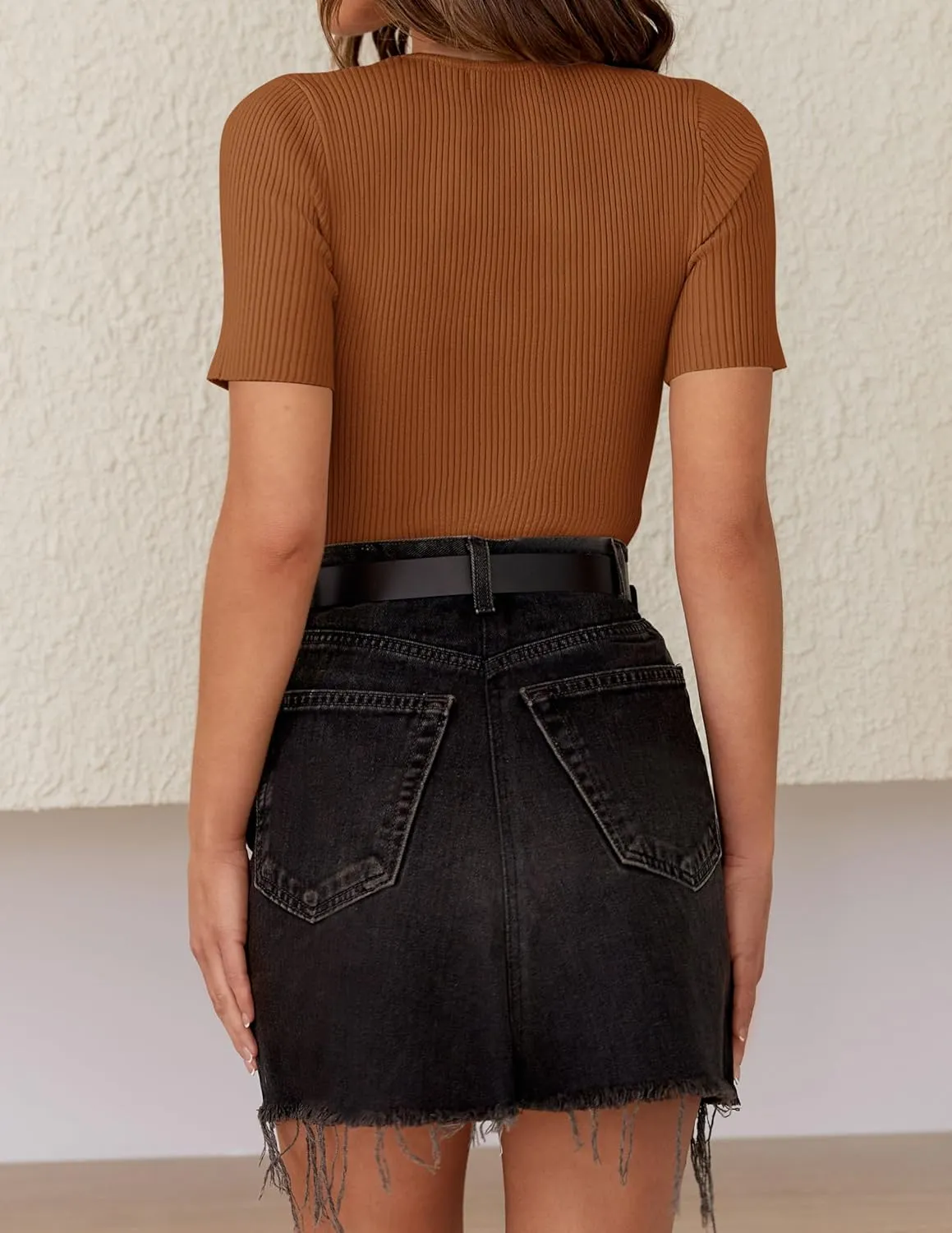ZESICA Women's Short Sleeve Sweater Tops 2025 Summer Crewneck T Shirt Ribbed Knit Slim Fit Basic Solid Color Tee