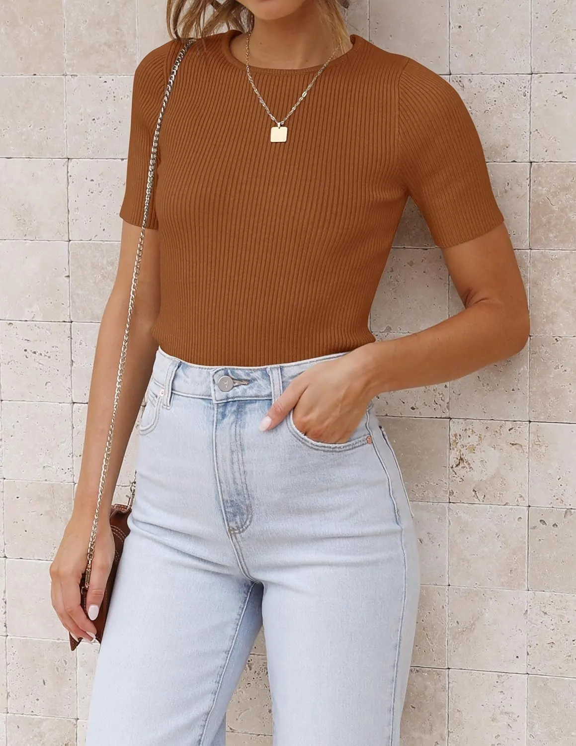 ZESICA Women's Short Sleeve Sweater Tops 2025 Summer Crewneck T Shirt Ribbed Knit Slim Fit Basic Solid Color Tee