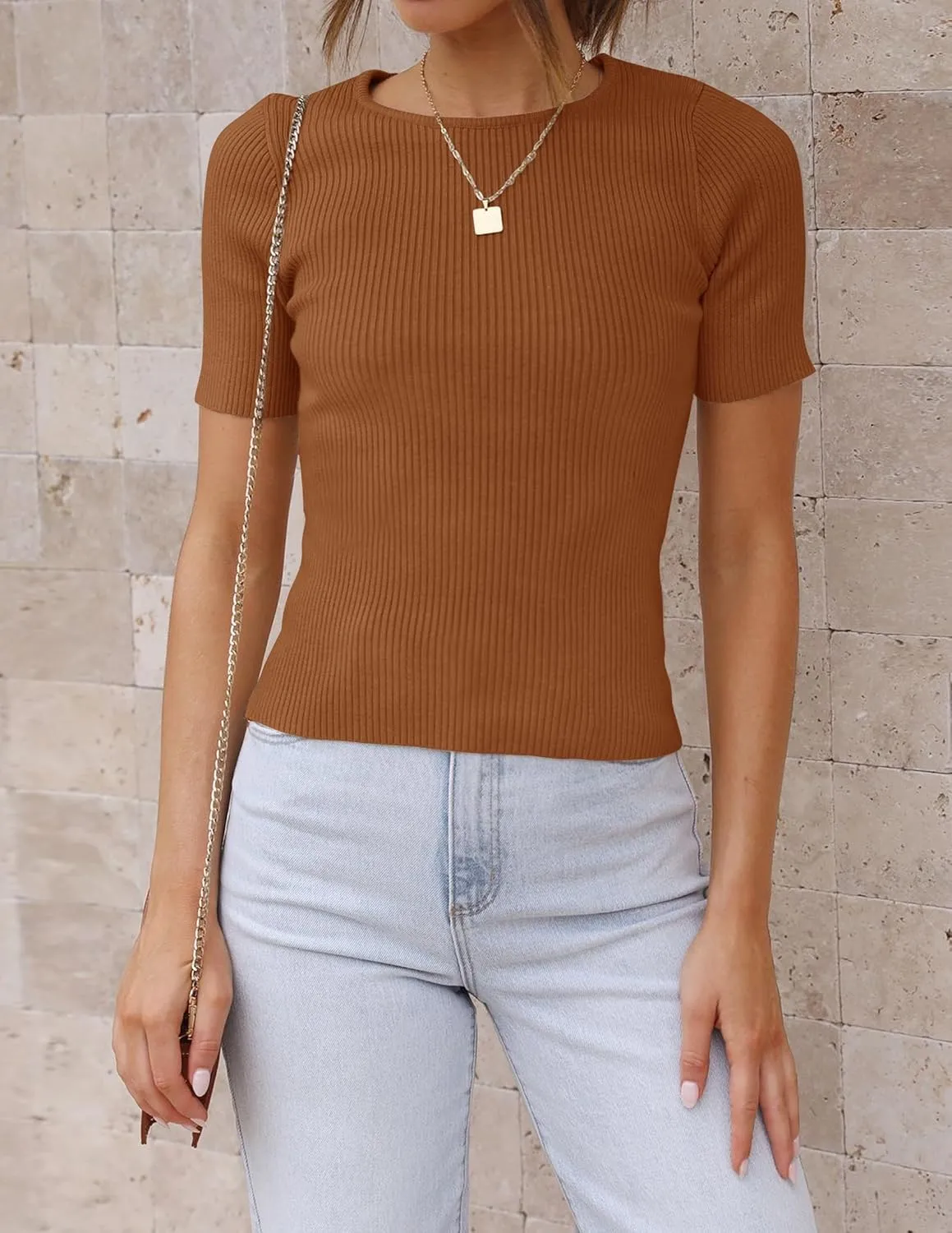 ZESICA Women's Short Sleeve Sweater Tops 2025 Summer Crewneck T Shirt Ribbed Knit Slim Fit Basic Solid Color Tee