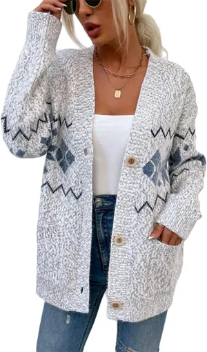 ZOCAVIA Women's Aztec Knit Cardigan Ethnic Vintage Geometric V Neck Long Sleeve Open Front Cardigan Sweater Outwear Coats